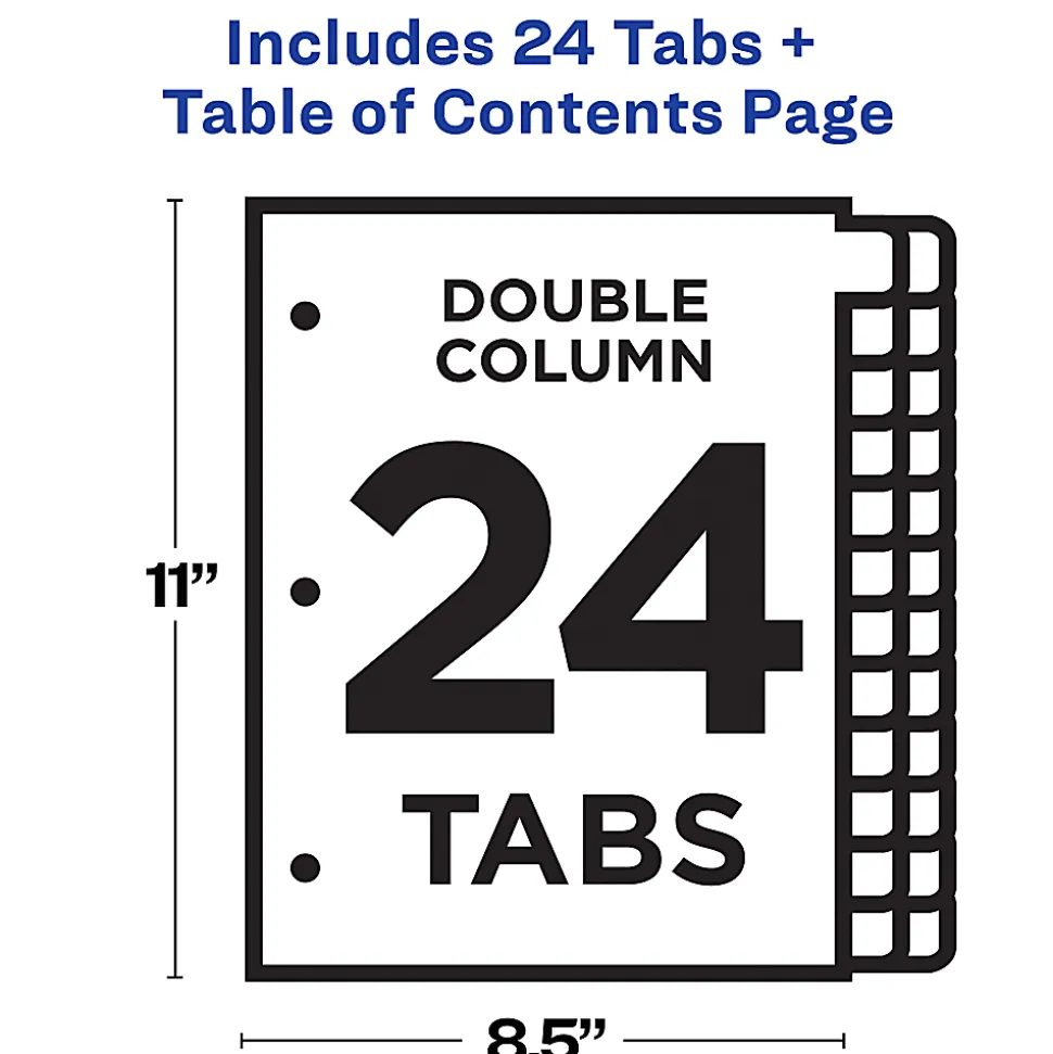 Avery® Ready Index® 1-24 Tab Double Column Binder Dividers With Customizable Table Of Contents, 8-1/2" x 11", 24 Tab, White/Multicolor, 1 Set