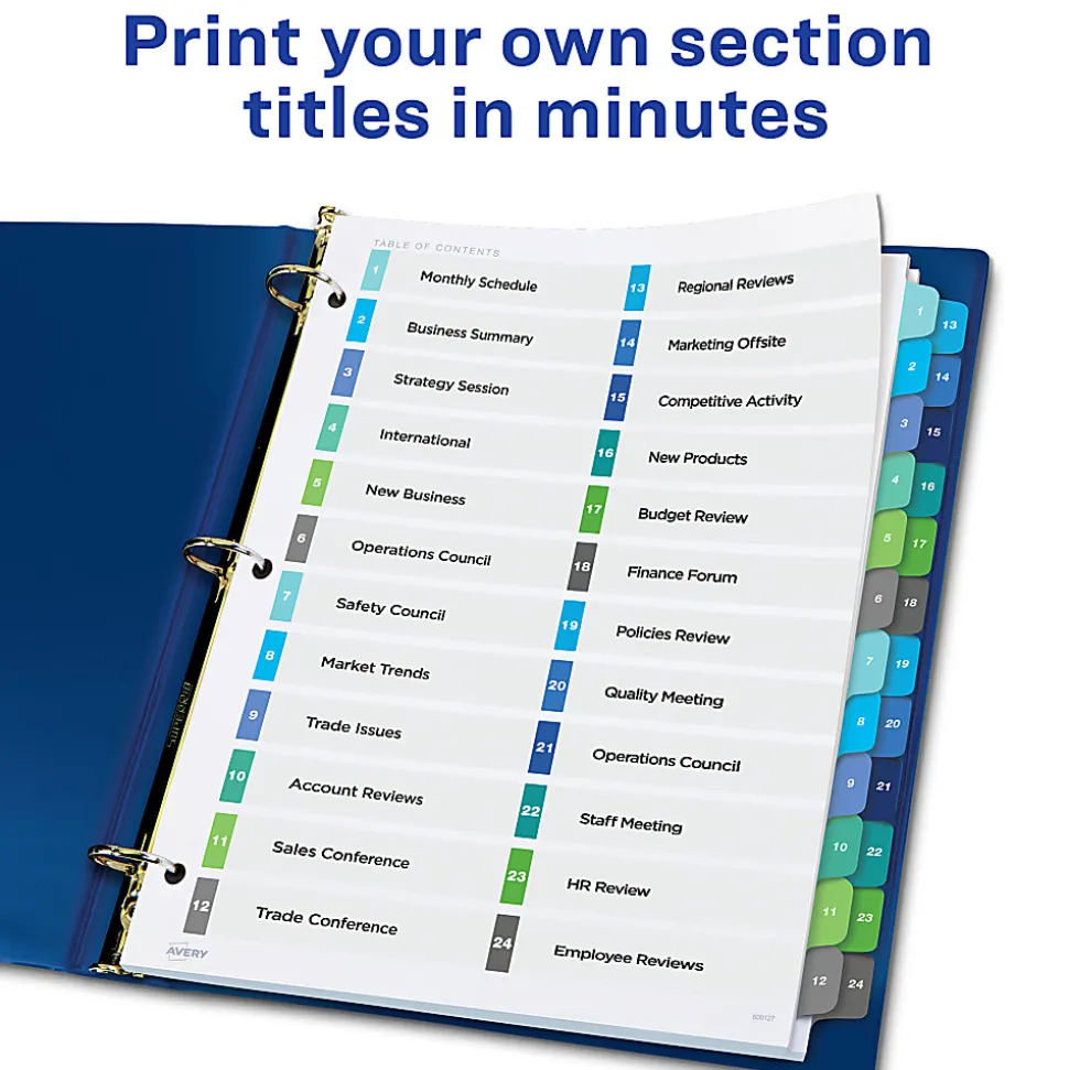 Avery® Ready Index® 1-24 Tab Double Column Binder Dividers With Customizable Table Of Contents, 8-1/2" x 11", 24 Tab, White/Multicolor, 1 Set