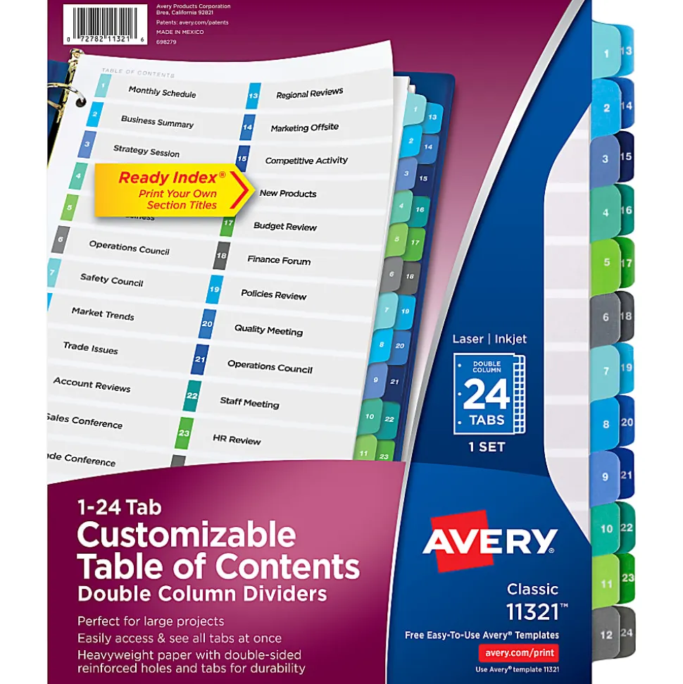 Avery® Ready Index® 1-24 Tab Double Column Binder Dividers With Customizable Table Of Contents, 8-1/2" x 11", 24 Tab, White/Multicolor, 1 Set