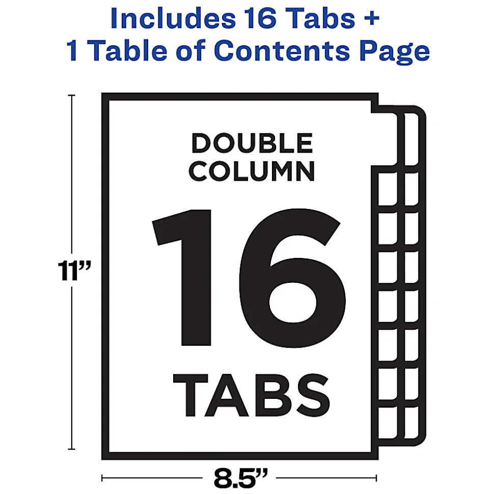 Avery® Ready Index® 1-16 Tab Double Column Binder Dividers With Customizable Table Of Contents, 8-1/2" x 11", 16 Tab, White/Multicolor, 1 Set