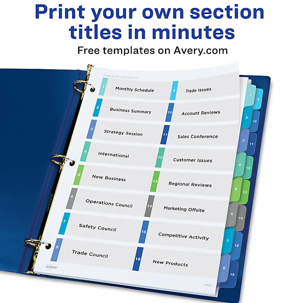 Avery® Ready Index® 1-16 Tab Double Column Binder Dividers With Customizable Table Of Contents, 8-1/2" x 11", 16 Tab, White/Multicolor, 1 Set