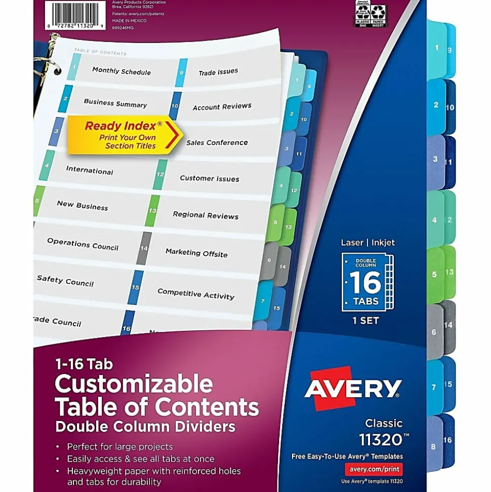 Avery® Ready Index® 1-16 Tab Double Column Binder Dividers With Customizable Table Of Contents, 8-1/2" x 11", 16 Tab, White/Multicolor, 1 Set