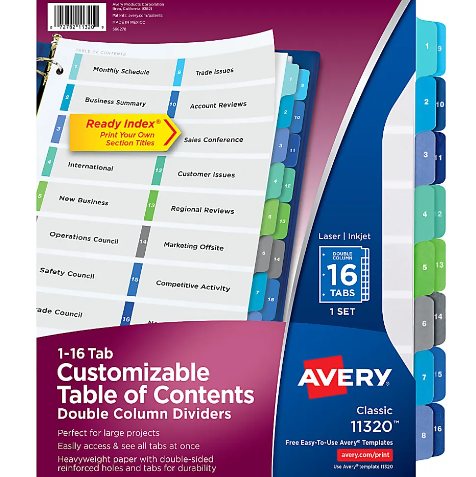 Avery® Ready Index® 1-16 Tab Double Column Binder Dividers With Customizable Table Of Contents, 8-1/2" x 11", 16 Tab, White/Multicolor, 1 Set