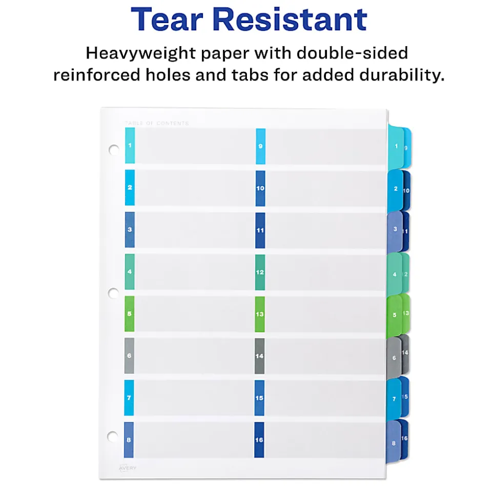Avery® Ready Index® 1-16 Tab Double Column Binder Dividers With Customizable Table Of Contents, 8-1/2" x 11", 16 Tab, White/Multicolor, 1 Set