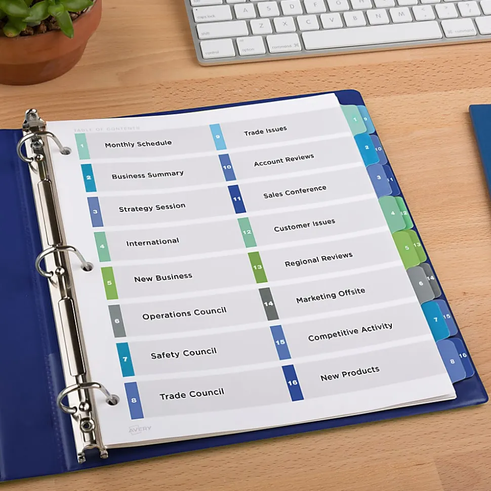 Avery® Ready Index® 1-16 Tab Double Column Binder Dividers With Customizable Table Of Contents, 8-1/2" x 11", 16 Tab, White/Multicolor, 1 Set