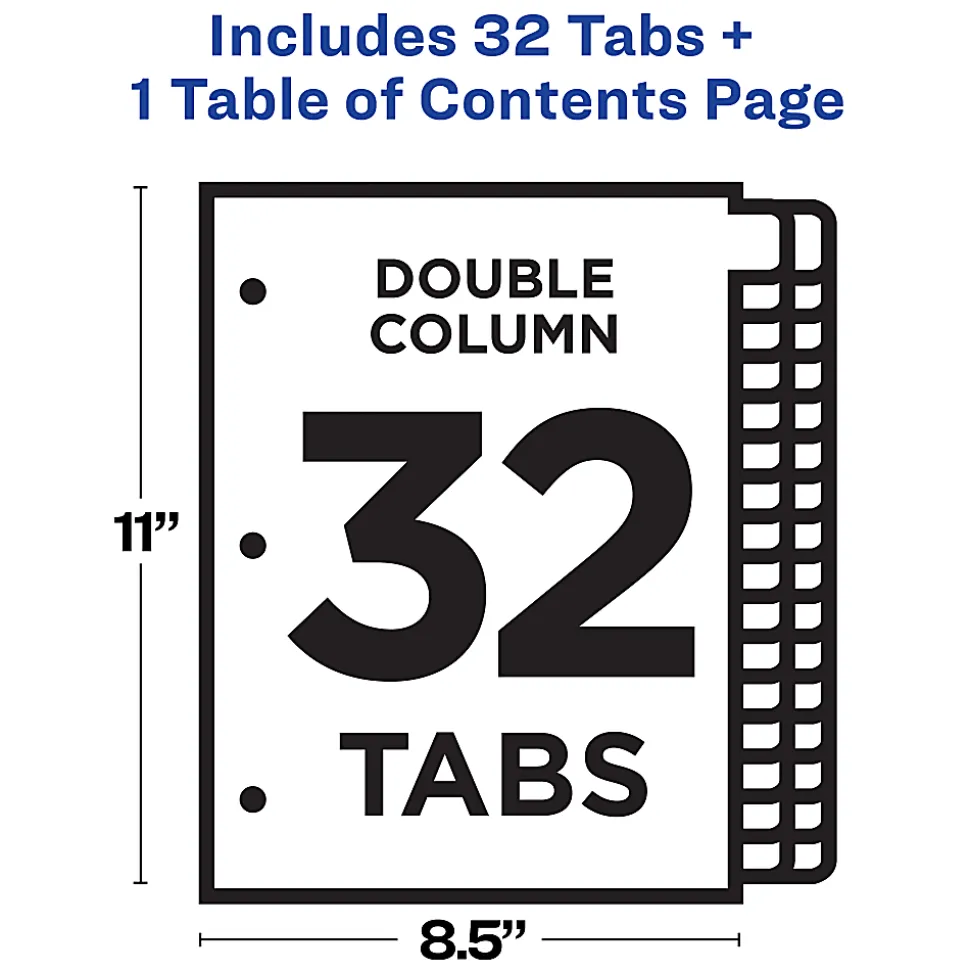 Avery® Ready Index® 1-32 Tab Double Column Binder Dividers With Customizable Table Of Contents, 8-1/2" x 11", 32 Tab, White/Multicolor, 1 Set