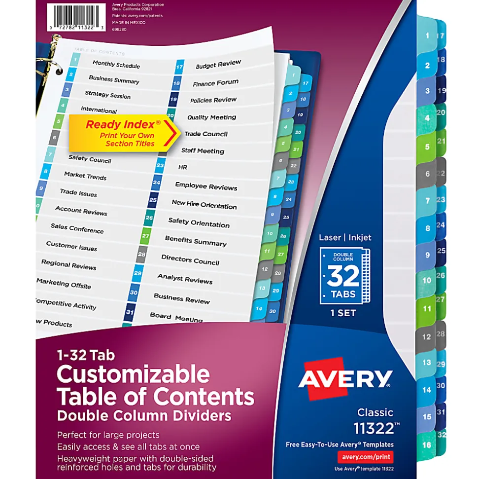 Avery® Ready Index® 1-32 Tab Double Column Binder Dividers With Customizable Table Of Contents, 8-1/2" x 11", 32 Tab, White/Multicolor, 1 Set