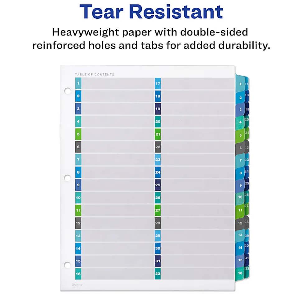 Avery® Ready Index® 1-32 Tab Double Column Binder Dividers With Customizable Table Of Contents, 8-1/2" x 11", 32 Tab, White/Multicolor, 1 Set