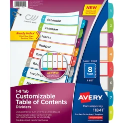Avery® Ready Index® 1-8 Tab With Customizable Table Of Contents Binder Dividers, 8-1/2" x 11", 8 Tab, White/Multicolor, 1 Set