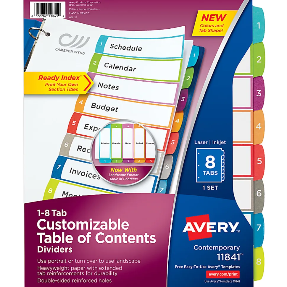 Avery® Ready Index® 1-8 Tab With Customizable Table Of Contents Binder Dividers, 8-1/2" x 11", 8 Tab, White/Multicolor, 1 Set