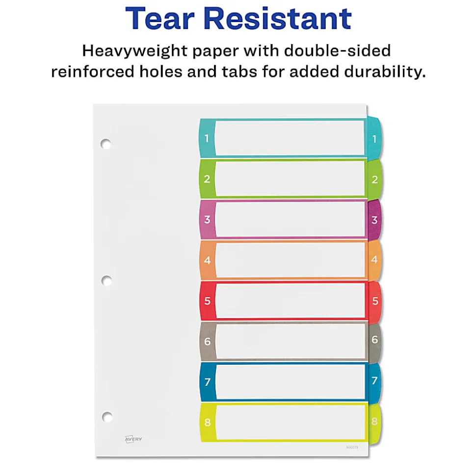 Avery® Ready Index® 1-8 Tab With Customizable Table Of Contents Binder Dividers, 8-1/2" x 11", 8 Tab, White/Multicolor, 1 Set