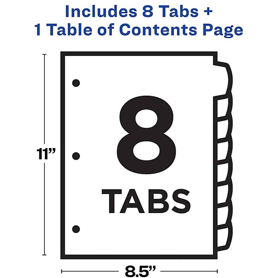 Avery® Ready Index® 1-8 Tab With Customizable Table Of Contents Binder Dividers, 8-1/2" x 11", 8 Tab, White/Multicolor, 1 Set