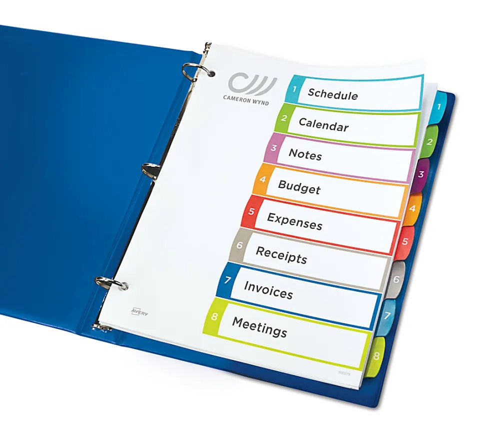Avery® Ready Index® 1-8 Tab With Customizable Table Of Contents Binder Dividers, 8-1/2" x 11", 8 Tab, White/Multicolor, 1 Set