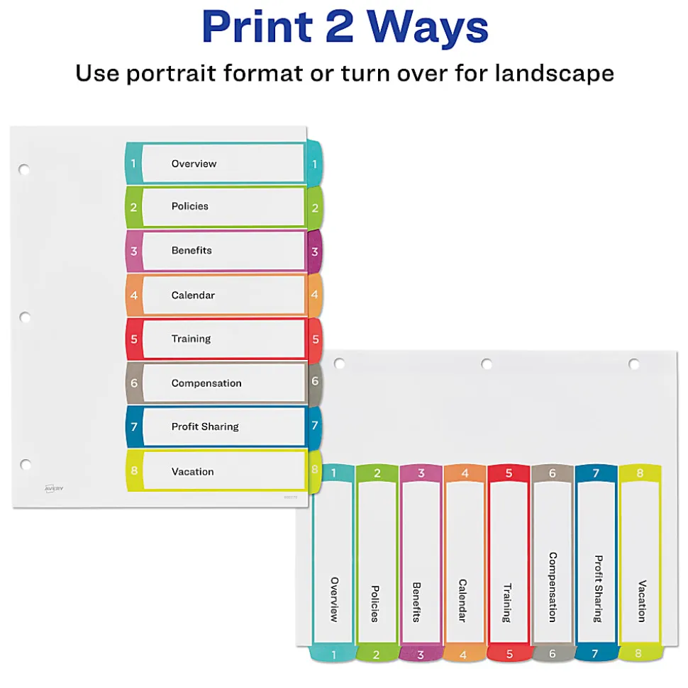 Avery® Ready Index® 1-8 Tab With Customizable Table Of Contents Binder Dividers, 8-1/2" x 11", 8 Tab, White/Multicolor, 1 Set
