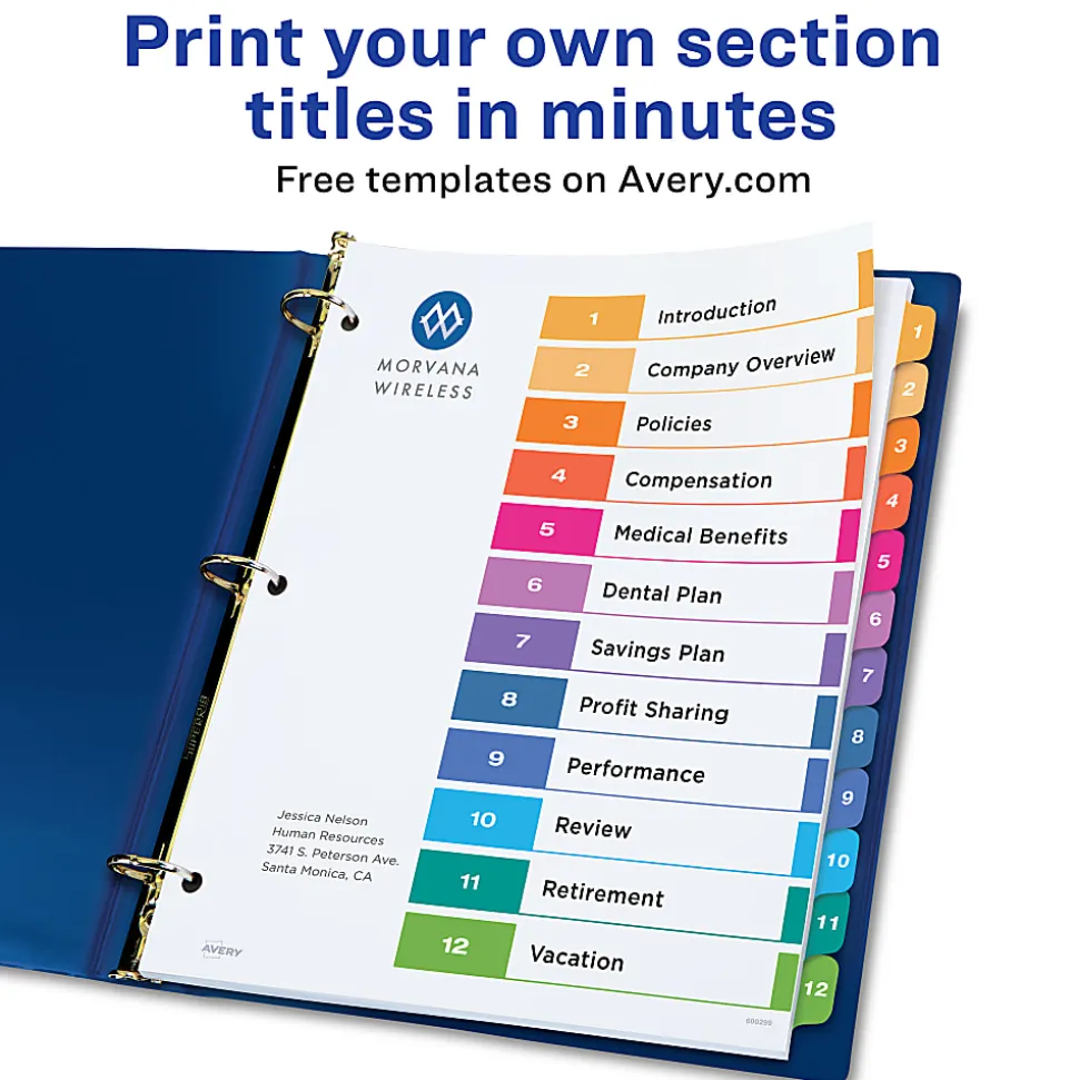 Avery® Ready Index® 1-12 Tab With Customizable Table Of Contents Binder Dividers, 8-1/2" x 11", 12 Tab, Multicolor, 1 Set