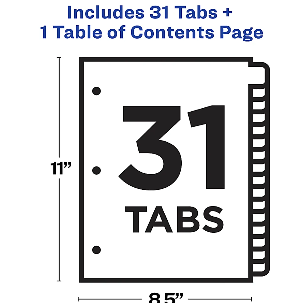 Avery® Ready Index® 1-31 Tab With Customizable Table Of Contents Dividers, Letter Size, 31 Tab, White, 1 Set