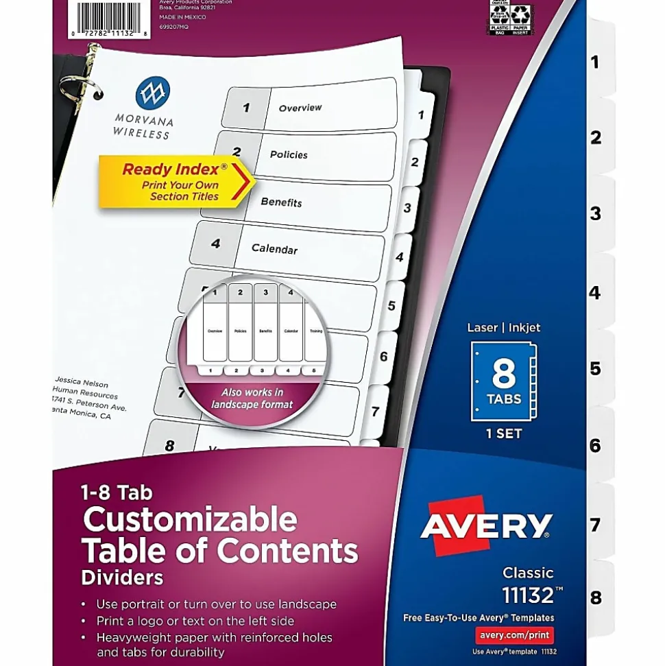 Avery® Ready Index® 1-8 Tab With Customizable Table Of Contents Dividers, Letter Size, 8 Tab, White, 1 Set