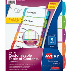 Avery® Ready Index® 1-5 Tab With Customizable Table Of Contents Binder Dividers, 8-1/2" x 11", 5 Tab, White/Multicolor, 1 Set