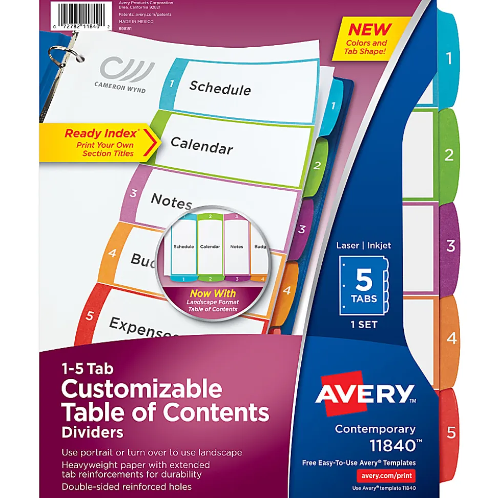 Avery® Ready Index® 1-31 Tab With Customizable Table Of Contents Binder Dividers, 8-1/2" x 11", 31 Tab, White/Multicolor, 1 Set