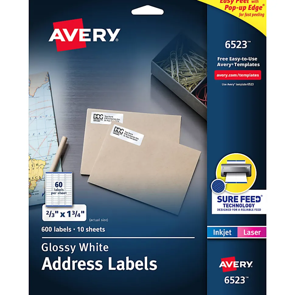 Avery® Return Address Labels With Sure Feed® And Easy Peel® Technology, 6523, Rectangle, 2/3" x 1-3/4", Glossy White, Pack Of 600