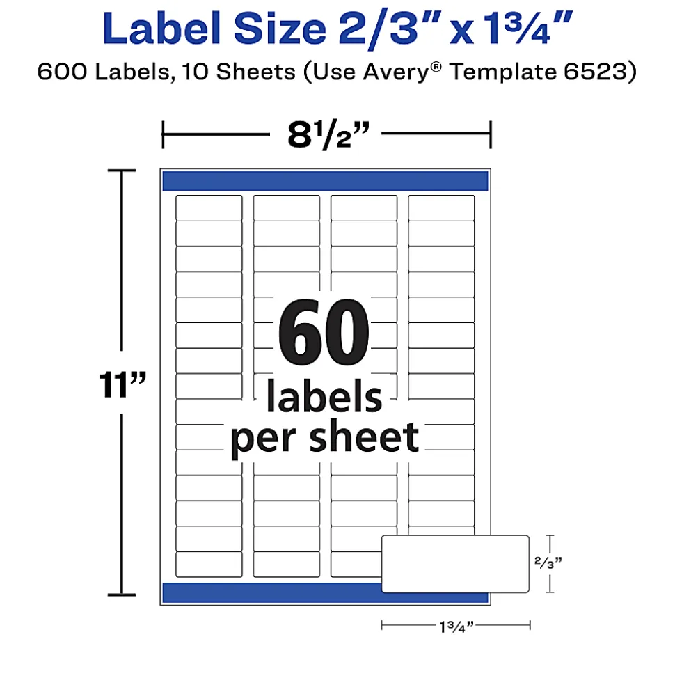 Avery® Return Address Labels With Sure Feed® And Easy Peel® Technology, 6523, Rectangle, 2/3" x 1-3/4", Glossy White, Pack Of 600