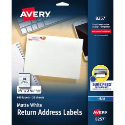 Avery® Return Address Label With Sure Feed® Technology, 8257, Rectangle, 3/4" x 2-1/4", White, Pack Of 600 Labels