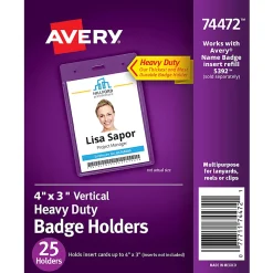 Avery® Secure Top Badge Holders, Vertical Prepunched, 4