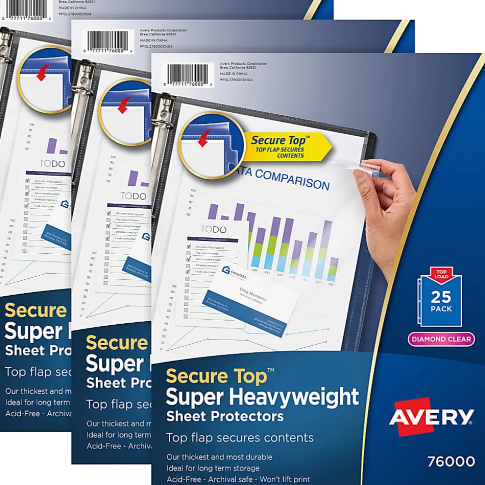 Avery® Secure Top Sheet Protectors - For Letter 8 1/2" x 11" Sheet - 3 x Holes - Ring Binder - Clear - Polypropylene - 75 / Bundle