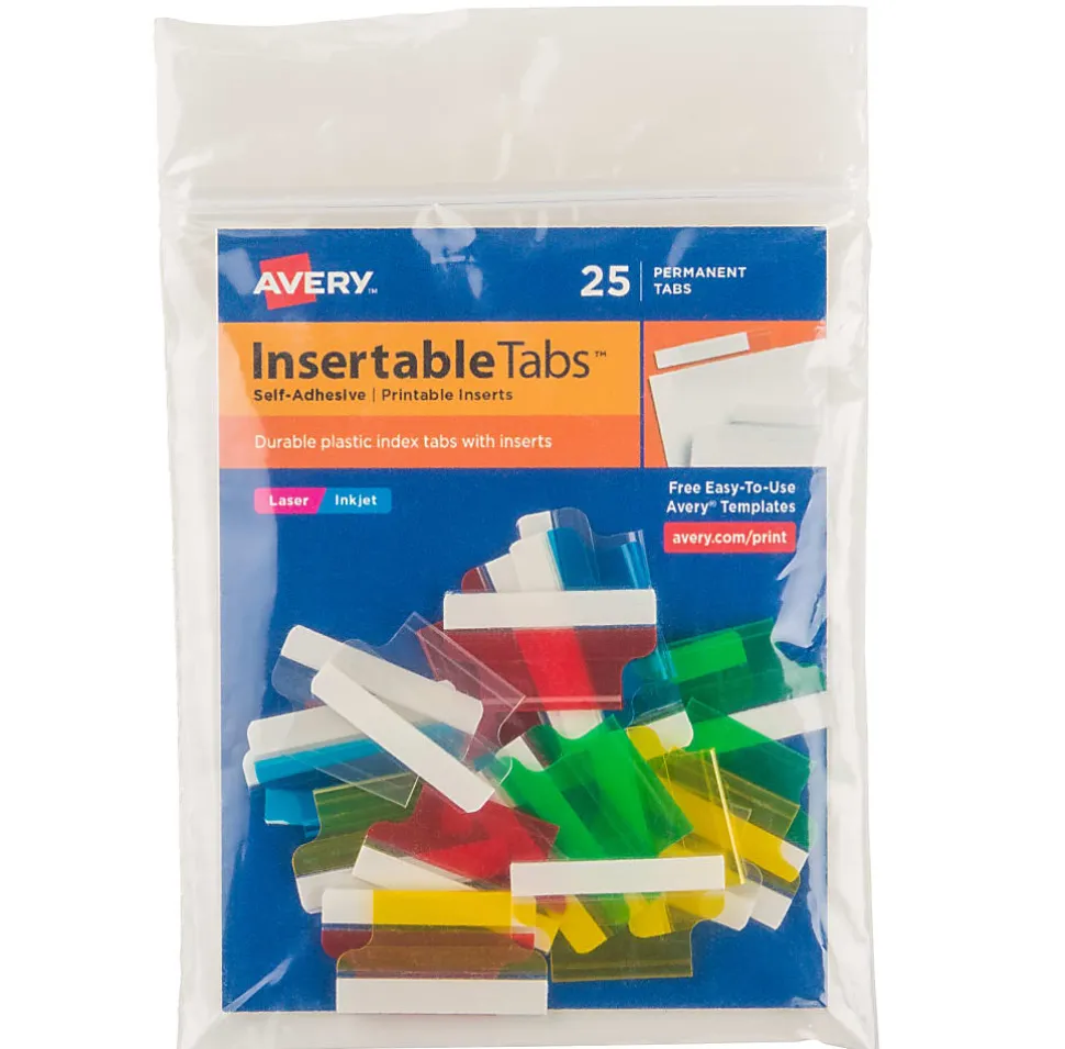 Avery® Self-Adhesive Index Tabs With Printable Inserts, 1", Assorted, Pack Of 25