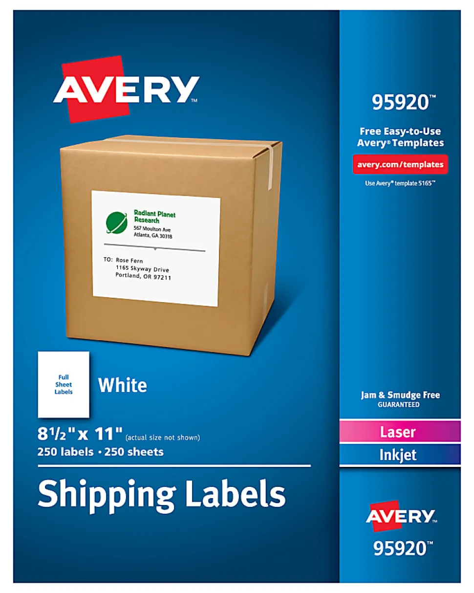 Avery® Shipping Address Labels, 95920, Rectangle, Full Sheet Labels, White, Pack Of 250 Labels