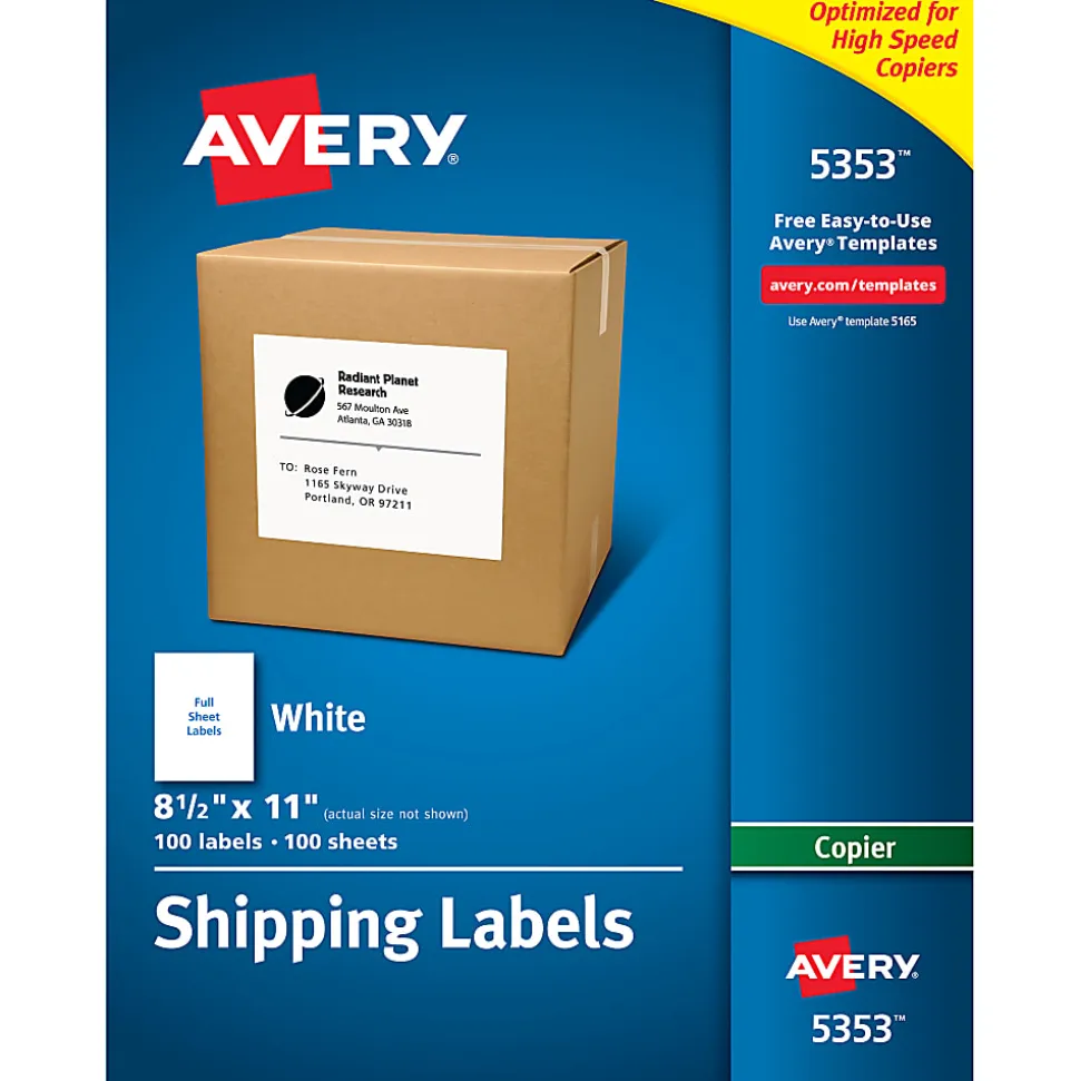 Avery® Shipping Labels For Copiers, 5353, 8-1/2" x 11", White, Pack Of 100