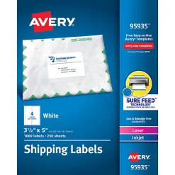Avery® Shipping Labels, Sure Feed® Technology, Permanent Adhesive, 3-1/2” x 5”, 1,000 Labels (95935)