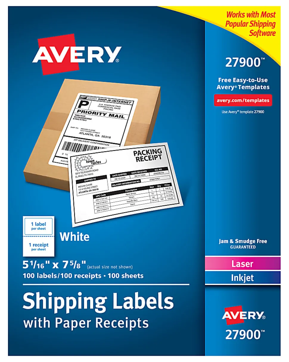 Avery® Shipping Labels With Paper Receipts, 27900, 5 1/16" x 7 5/8", White, Pack Of 100