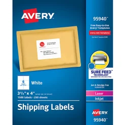 Avery® Shipping Labels With Sure Feed® Technology, 95940, Rectangle, 3-1/3