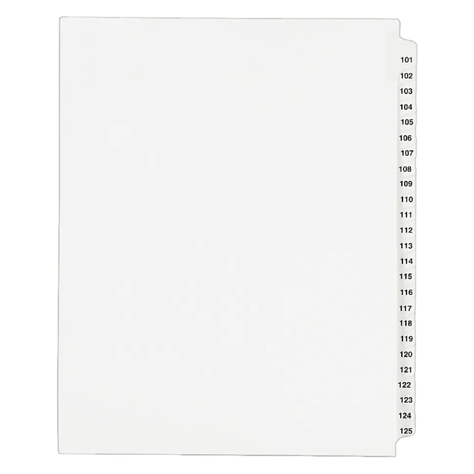 Avery Standard Unpunched Preprinted Reinforced Tab Dividers, 8.5" x11", 20% Post-Consumer Material, White, Tabs Printed 101-125, Pack of 25