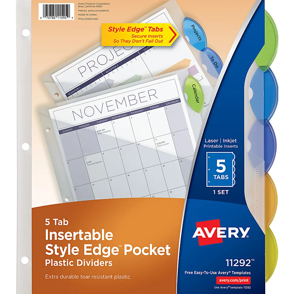 Avery® Style Edge Insertable Dividers With Pockets, Multicolor, Pack Of 5 Dividers