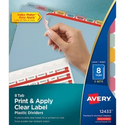 Avery® 8 Tab Plastic Dividers For 3 Ring Binder, Easy Print & Apply Clear Label Strip, Index Maker® Customizable, Multicolor Tabs, Pack Of 5 Sets