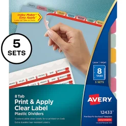 Avery® 8 Tab Plastic Dividers For 3 Ring Binder, Easy Print & Apply Clear Label Strip, Index Maker® Customizable, Multicolor Tabs, Pack Of 5 Sets