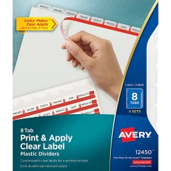 Avery® 8 Tab Plastic Dividers For 3 Ring Binder, Easy Print & Apply Clear Label Strip, Index Maker® Customizable, Frosted White, Pack Of 5 Sets