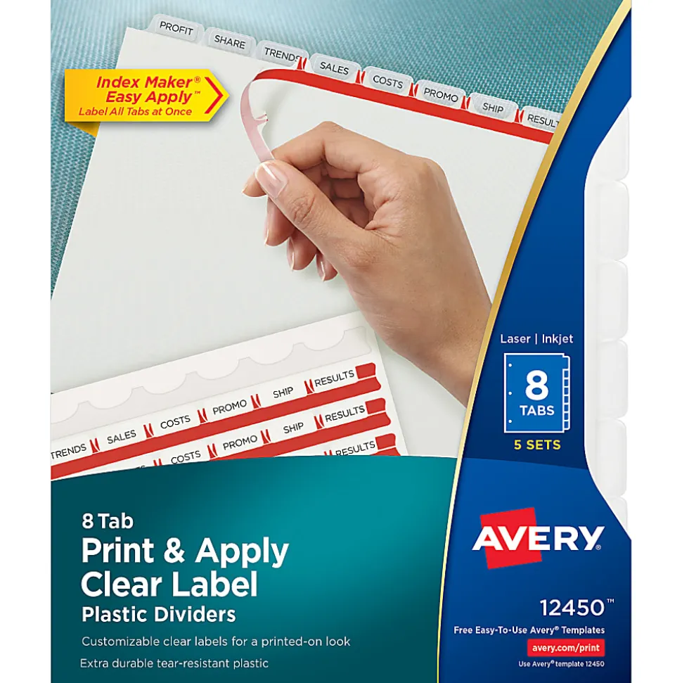 Avery® 8 Tab Plastic Dividers For 3 Ring Binder, Easy Print & Apply Clear Label Strip, Index Maker® Customizable, Frosted White, Pack Of 5 Sets