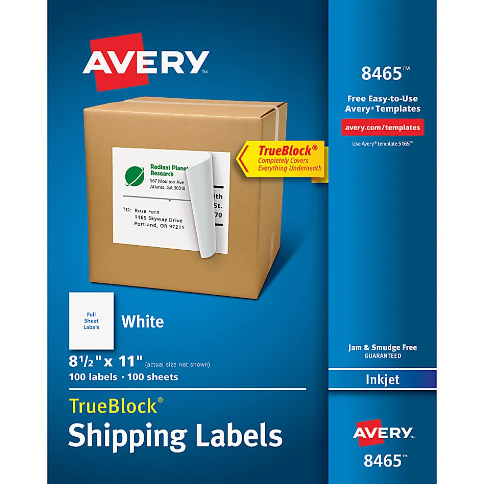 Avery® TrueBlock® Permanent Full-Sheet Labels, 8165, Inkjet, 8 1/2" x 11", White, Box Of 25