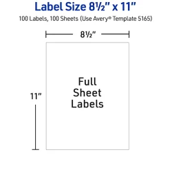 Avery® TrueBlock® Permanent Full-Sheet Labels, 5165, Laser, 8 1/2" x 11", White, Box Of 100