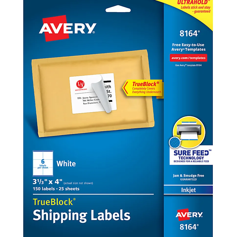 Avery® TrueBlock® Permanent Inkjet Shipping Labels, 8164, 3 1/3" x 4", White, Pack Of 150