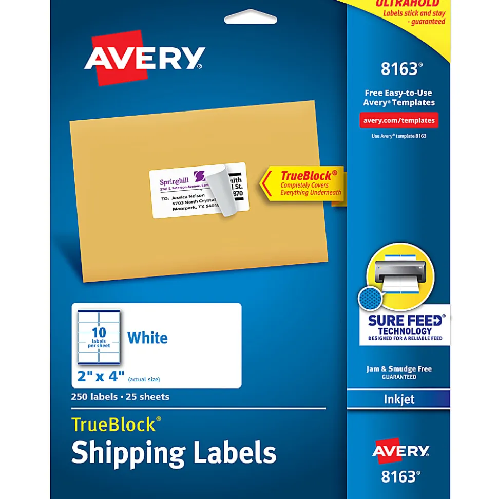 Avery® TrueBlock® Shipping Labels With Sure Feed® Technology, 8163, Rectangle, 2" x 4", Pack Of 250