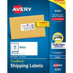 Avery® TrueBlock® Shipping Labels With Sure Feed® Technology, 8168, Rectangle, 3-1/2" x 5", White, Pack Of 100