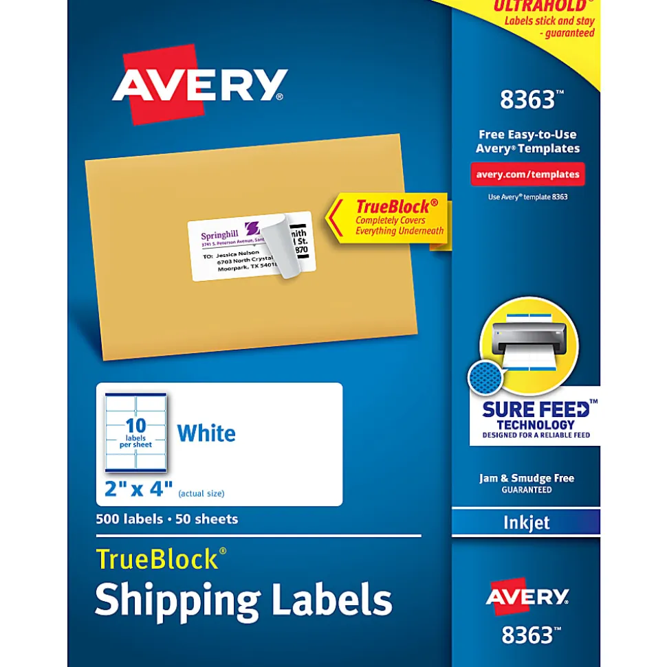 Avery® TrueBlock® Shipping Labels With Sure Feed® Technology, 8168, Rectangle, 3-1/2" x 5", White, Pack Of 100