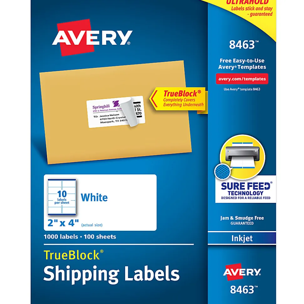 Avery® TrueBlock® Shipping Labels With Sure Feed® Technology, 8463, Rectangle, 2" x 4", White, Pack Of 1,000
