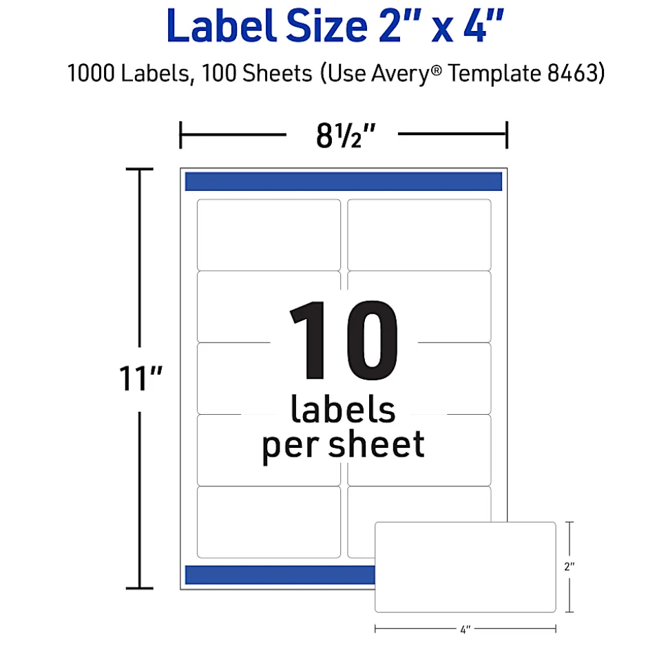 Avery® TrueBlock® Shipping Labels With Sure Feed® Technology, 8463, Rectangle, 2" x 4", White, Pack Of 1,000