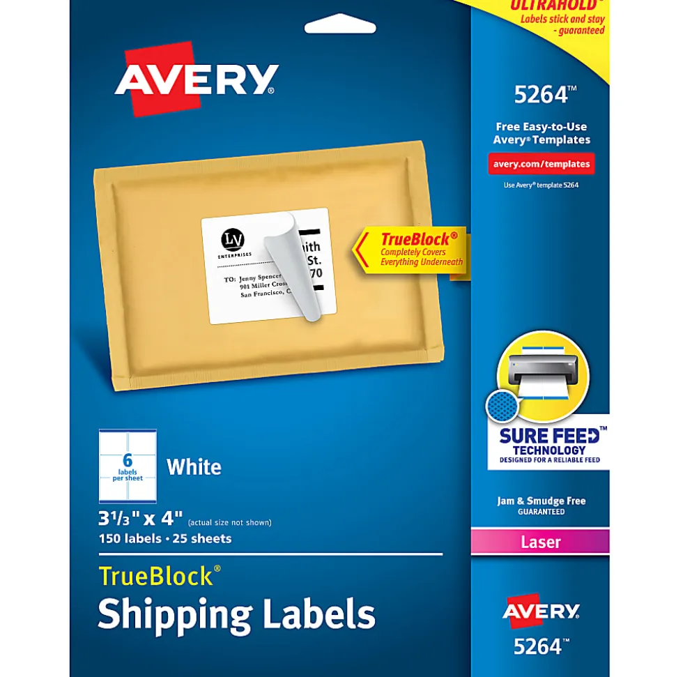 Avery® TrueBlock® Shipping Labels With Sure Feed® Technology, 5264, Rectangle, 3 1/3" x 4", White, Pack Of 150