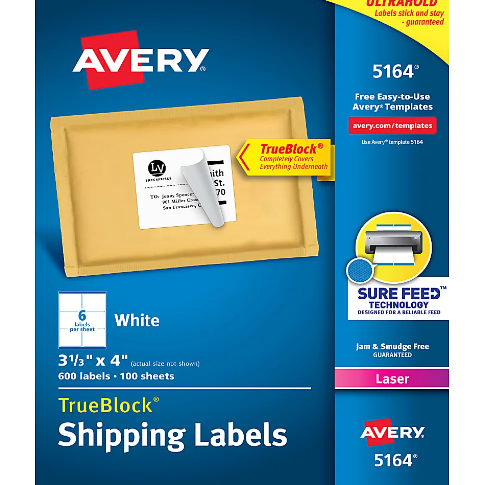 Avery® TrueBlock® Shipping Labels With Sure Feed® Technology, 5164, Rectangle, 3 1/3" x 4", White, Pack Of 600